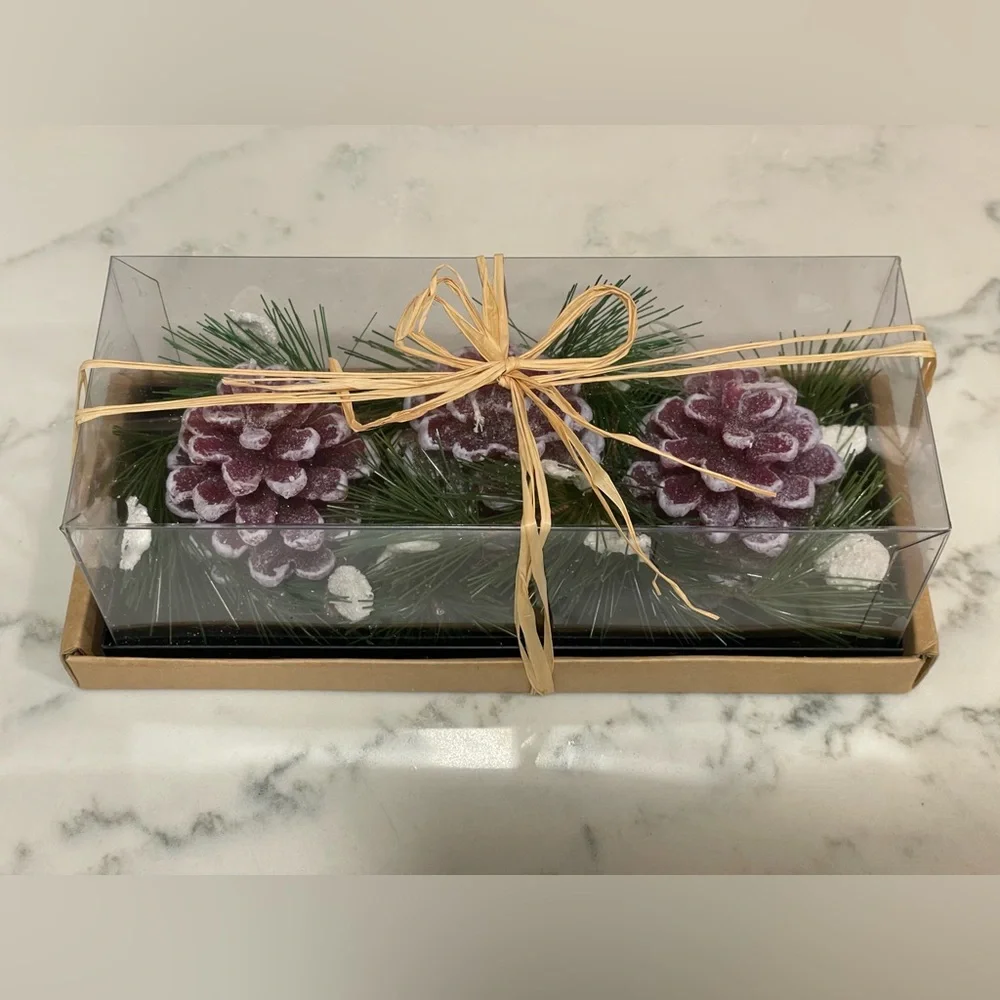 Crate &‎ Barrel 3 Inch Pine Cone Candles Greenery- Boxed Set of 3 NEW